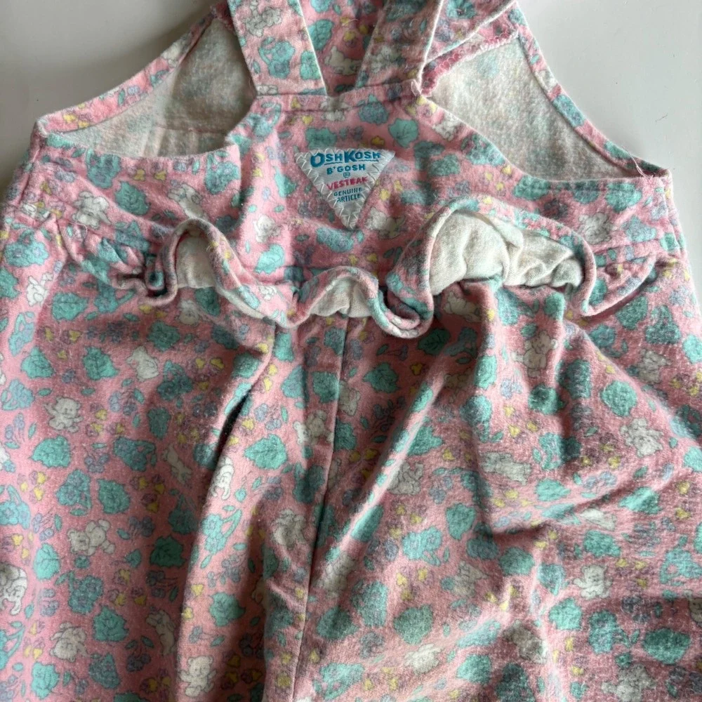 Vintage OshKosh Bgosh Pink Floral Bear Bunny Flannel Overalls 24M Made in USA